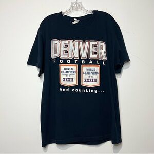 Vtg Denver Football World Champions Front/Back Graphic T-shirt Navy Sz L Unisex